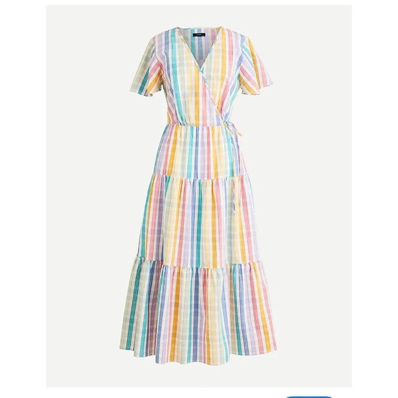 J. Crew Faux-Wrap Rainbow Gingham Cotton Tiered Midi Dress 10 Colorful Fun Retro - Picture 1 of 9
